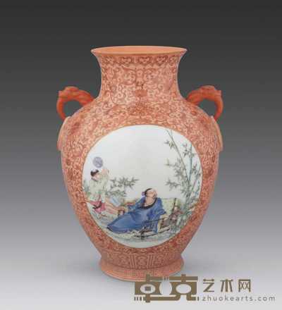 民国 珊瑚红开光粉彩人物尊 高21cm